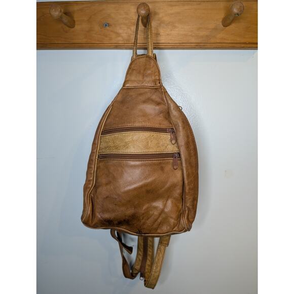 None and/or Unknown Handbags - Vintage Brazilian Leather Sling Backpack Convertible Crossbody Tan Distressed